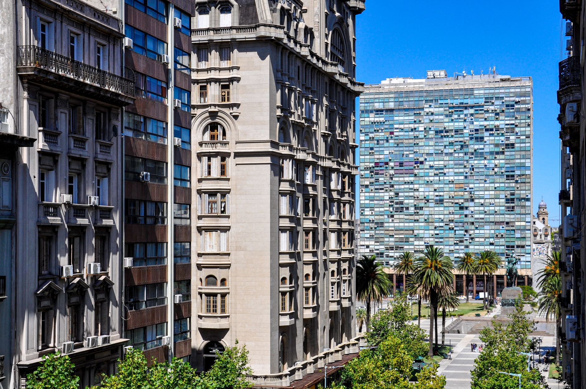Arquitectura de Buenos Aires y palmeras en la vereda